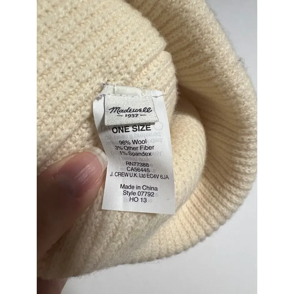 Madewell Cozy-Knit Beanie Ivory Wool Ribbed Cuffed Hat Quiet Luxury One Size